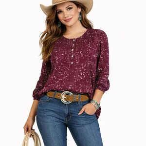 CONVERSE Size Medium Sheer Mulberry Chiffon Abstract Box Pleated Popover‎ Blouse